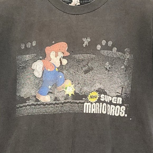 VTG New Super Mario Bros T-shirt AlStyle Tag Youth Fit Size Medium Black Faded - Picture 5 of 12